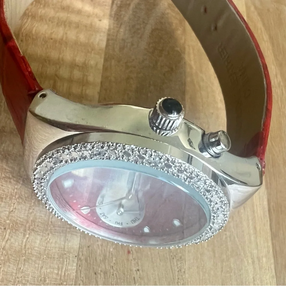 Anne Klein ladies diamond Swiss red leather sport watch NEW BATTERY